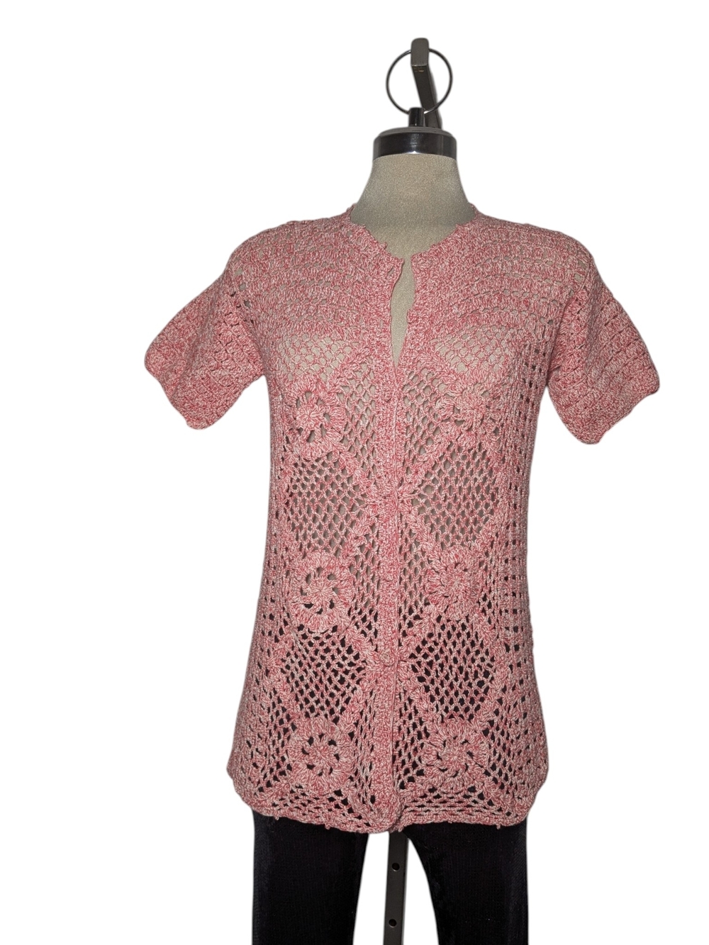 Crochet Lace Short-Sleeve Top - Pink Size M/L
